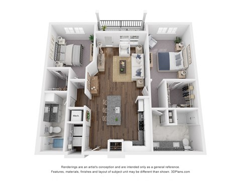 Floor plan for 2 beds, 2 baths, 1147 sqft